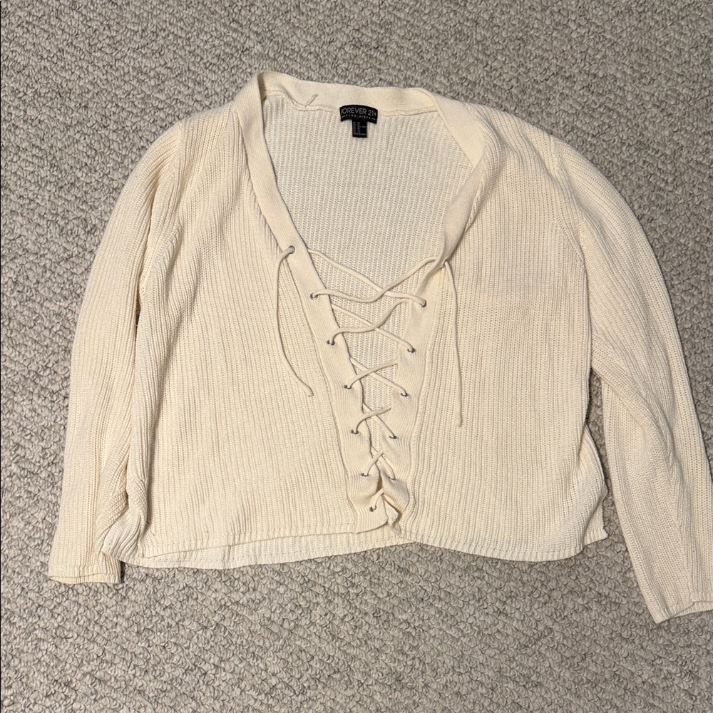 Forever 21 Ivory Lace-Up Knit Sweater